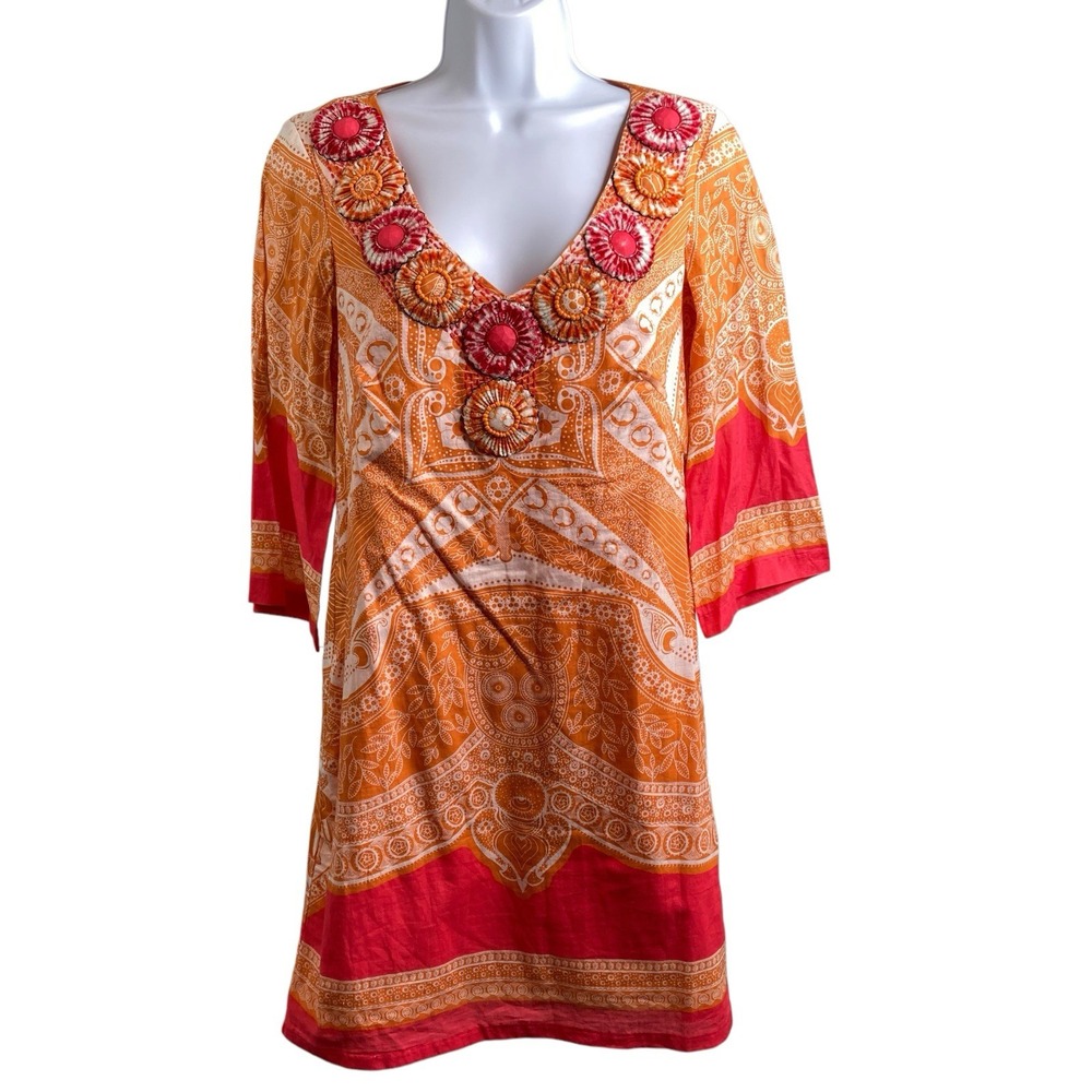 Saks Fifth Avenue Orange and Pink Embroidered V-Neck Midi Dress